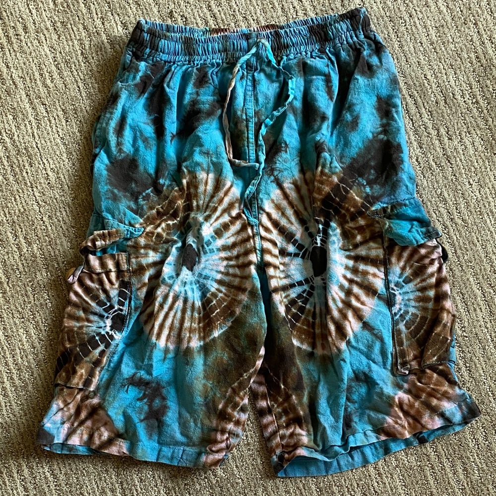 100% Cotton Tie-Dye Cargo Shorts - Turquoise & Brown